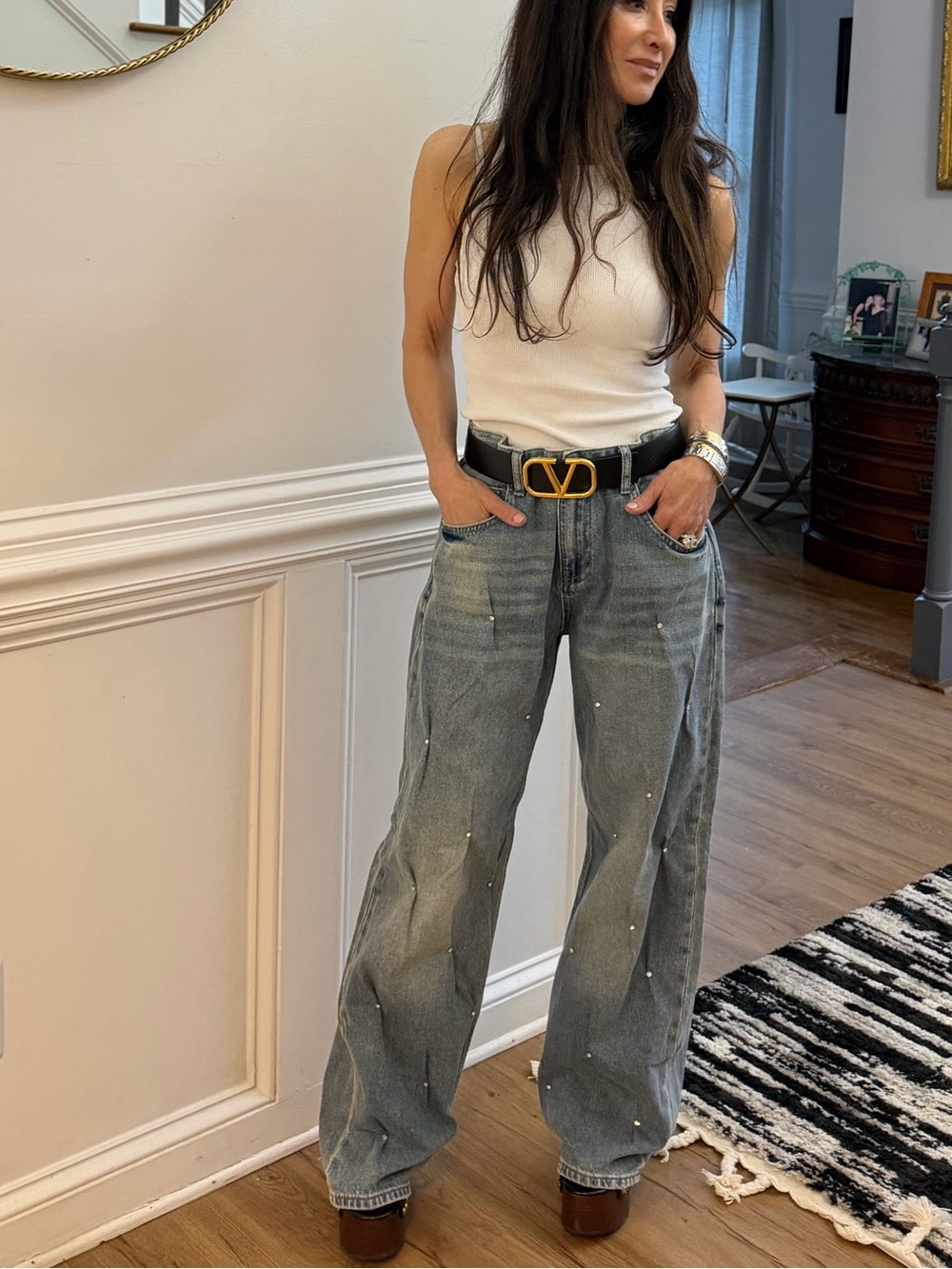 ShopEvelynne Light Gray Wide-Leg Jeans with Pearl Studs - Picture 2 of 4